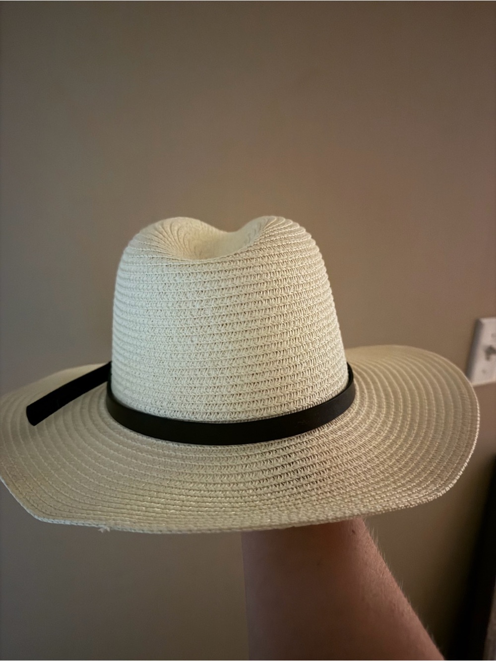 Womens Cream Straw Fedora with Black Band